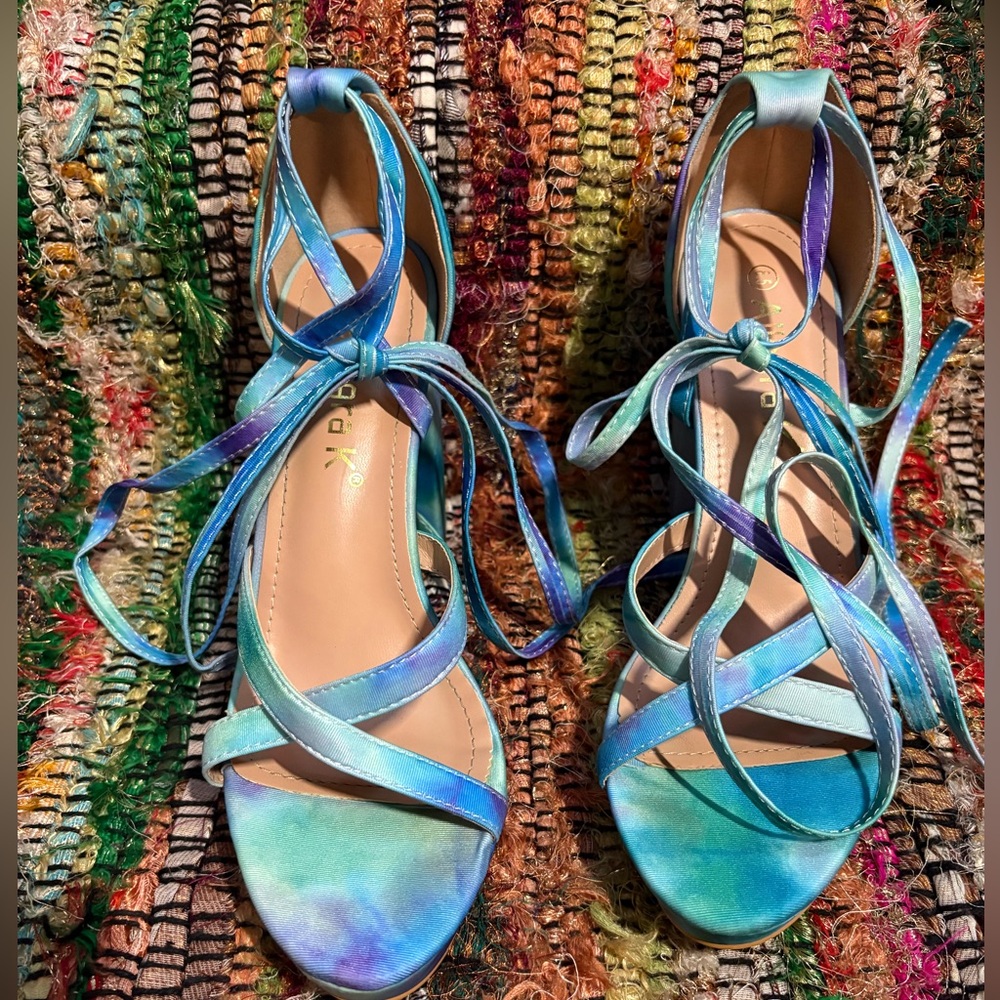 Allegra K Tie Dye Platform Lade up Chunky Heel Sandals